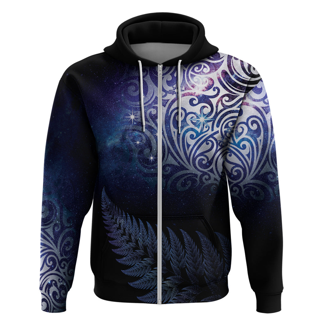 New Zealand Aotearoa Matariki Hoodie Starry Silver Fern LT7 Zip Hoodie Galaxy - Polynesian Pride