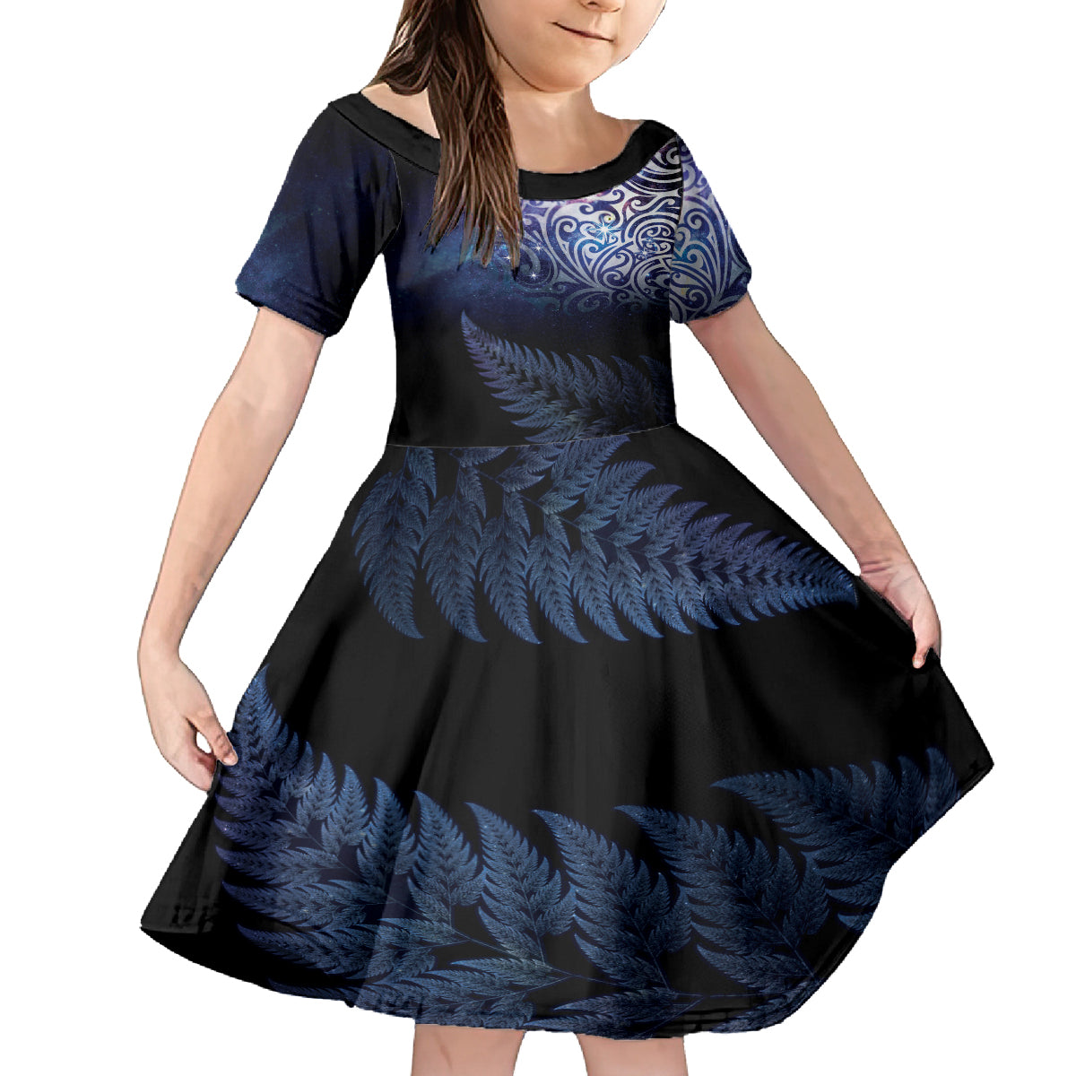 New Zealand Aotearoa Matariki Kid Short Sleeve Dress Starry Silver Fern LT7 KID Galaxy - Polynesian Pride