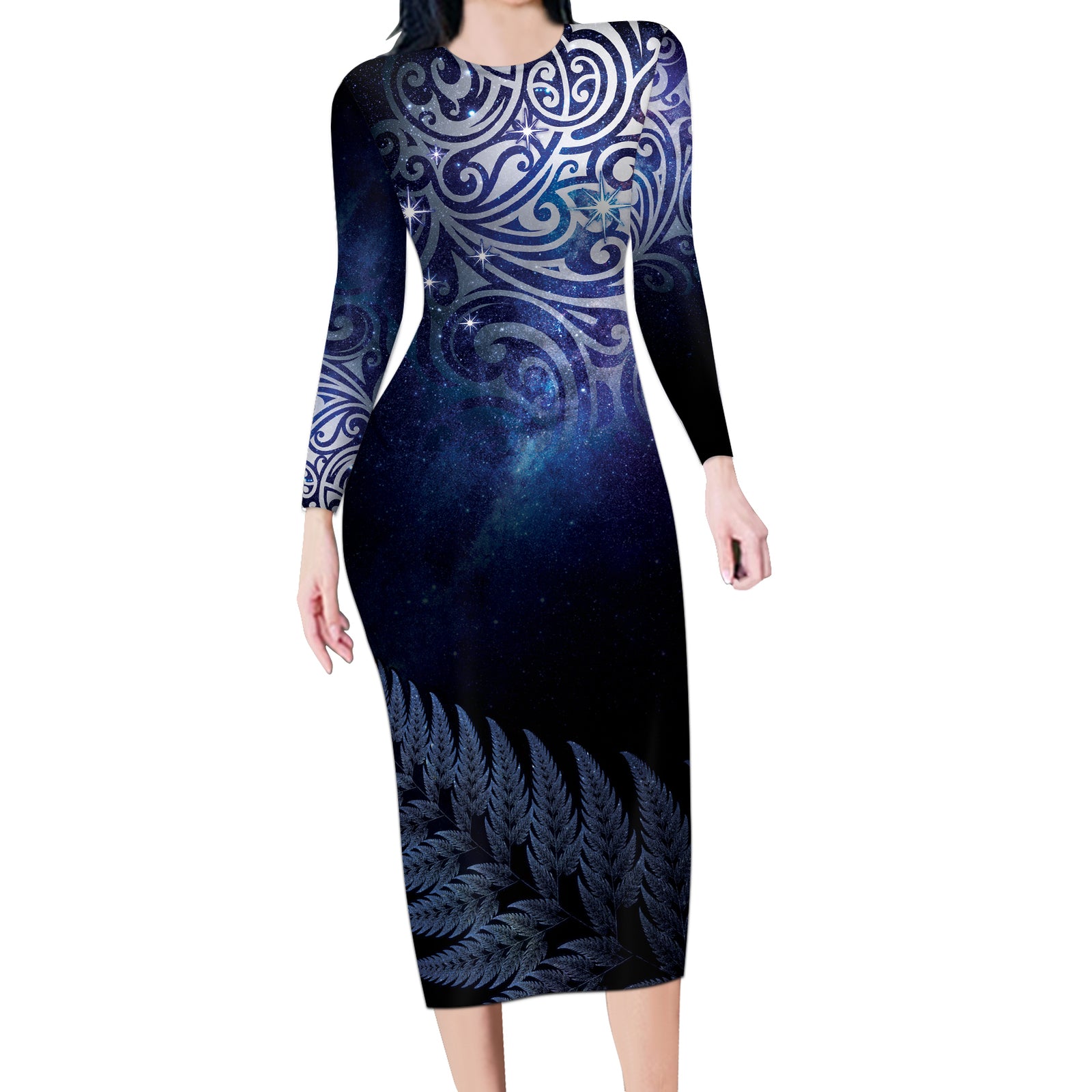 New Zealand Aotearoa Matariki Long Sleeve Bodycon Dress Starry Silver Fern LT7 Long Dress Galaxy - Polynesian Pride