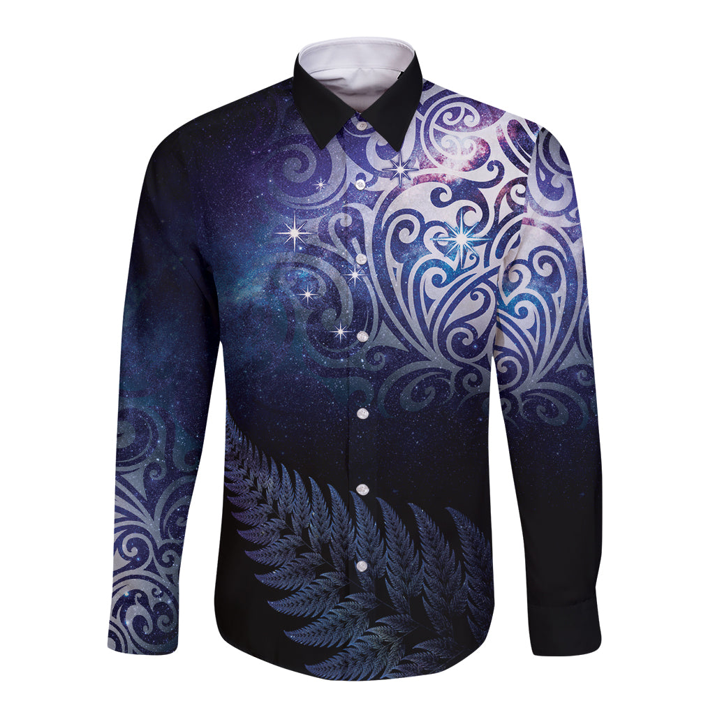 New Zealand Aotearoa Matariki Long Sleeve Button Shirt Starry Silver Fern LT7 Unisex Galaxy - Polynesian Pride