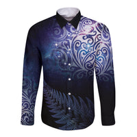New Zealand Aotearoa Matariki Long Sleeve Button Shirt Starry Silver Fern LT7 Unisex Galaxy - Polynesian Pride