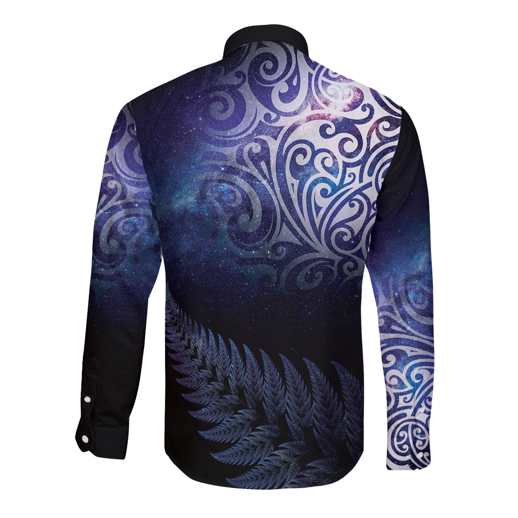 New Zealand Aotearoa Matariki Long Sleeve Button Shirt Starry Silver Fern LT7 - Polynesian Pride