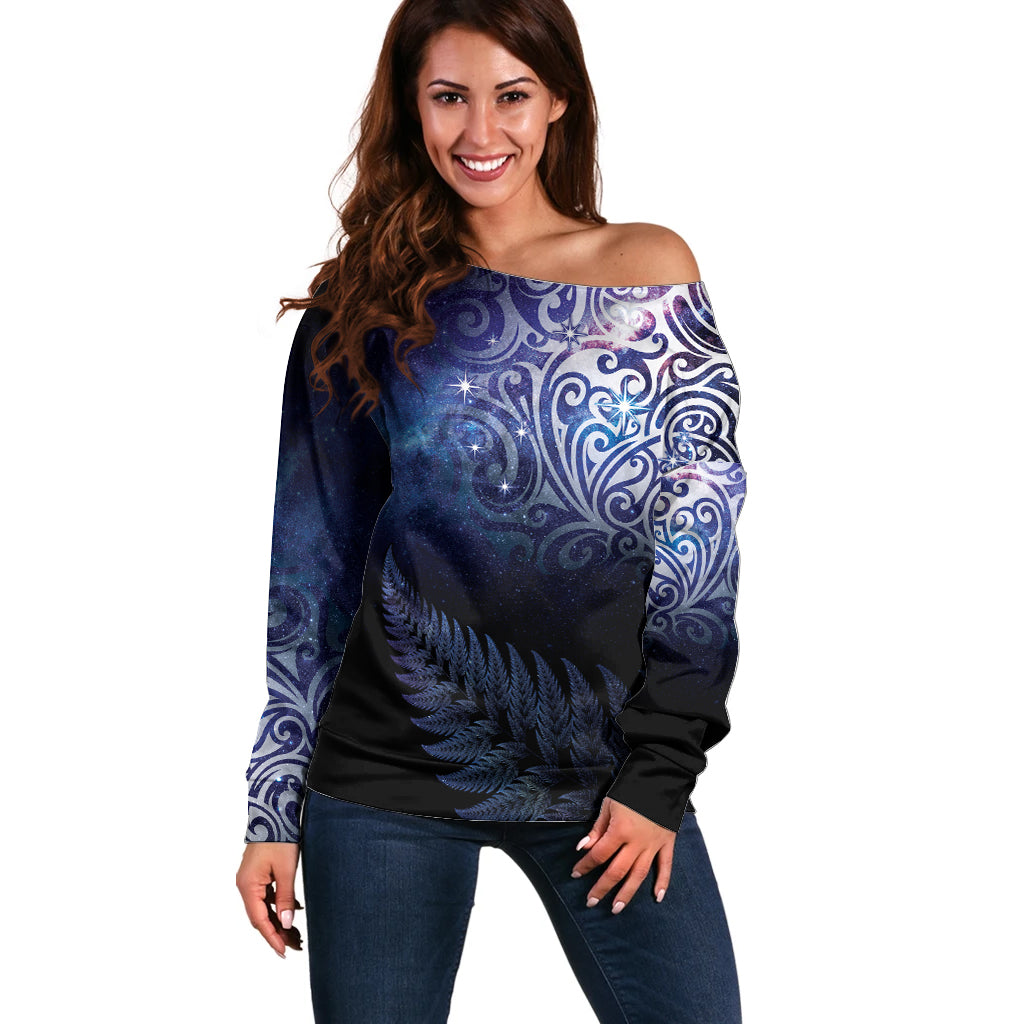 New Zealand Aotearoa Matariki Off Shoulder Sweater Starry Silver Fern LT7 Women Galaxy - Polynesian Pride