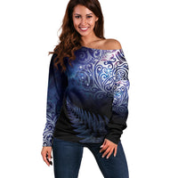 New Zealand Aotearoa Matariki Off Shoulder Sweater Starry Silver Fern LT7 Women Galaxy - Polynesian Pride