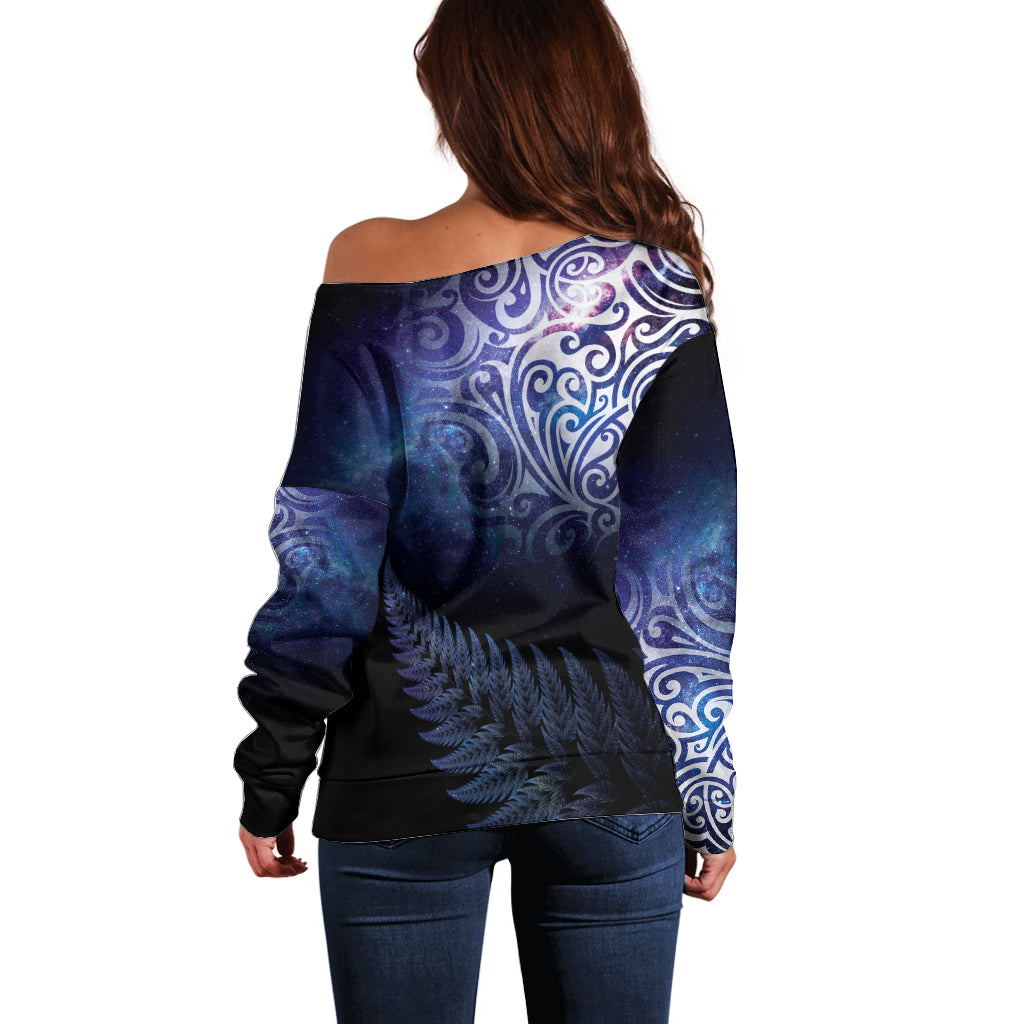 New Zealand Aotearoa Matariki Off Shoulder Sweater Starry Silver Fern LT7 - Polynesian Pride