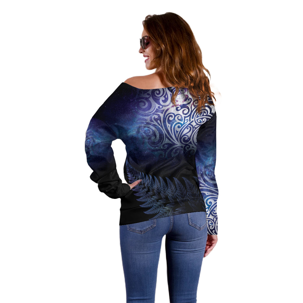 New Zealand Aotearoa Matariki Off Shoulder Sweater Starry Silver Fern LT7 - Polynesian Pride