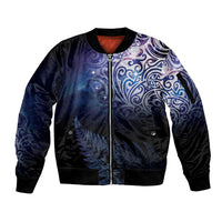 New Zealand Aotearoa Matariki Sleeve Zip Bomber Jacket Starry Silver Fern LT7 Unisex Galaxy - Polynesian Pride