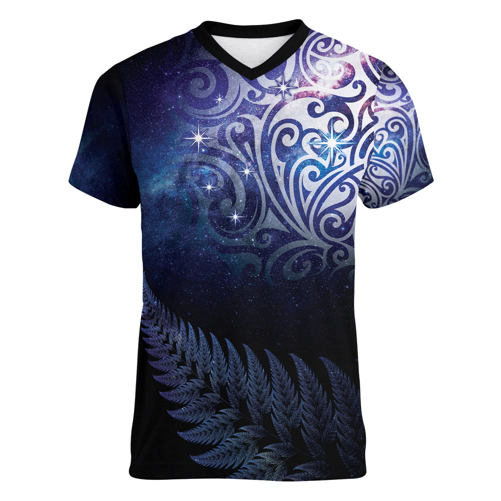 New Zealand Aotearoa Matariki Women V-Neck T-Shirt Starry Silver Fern