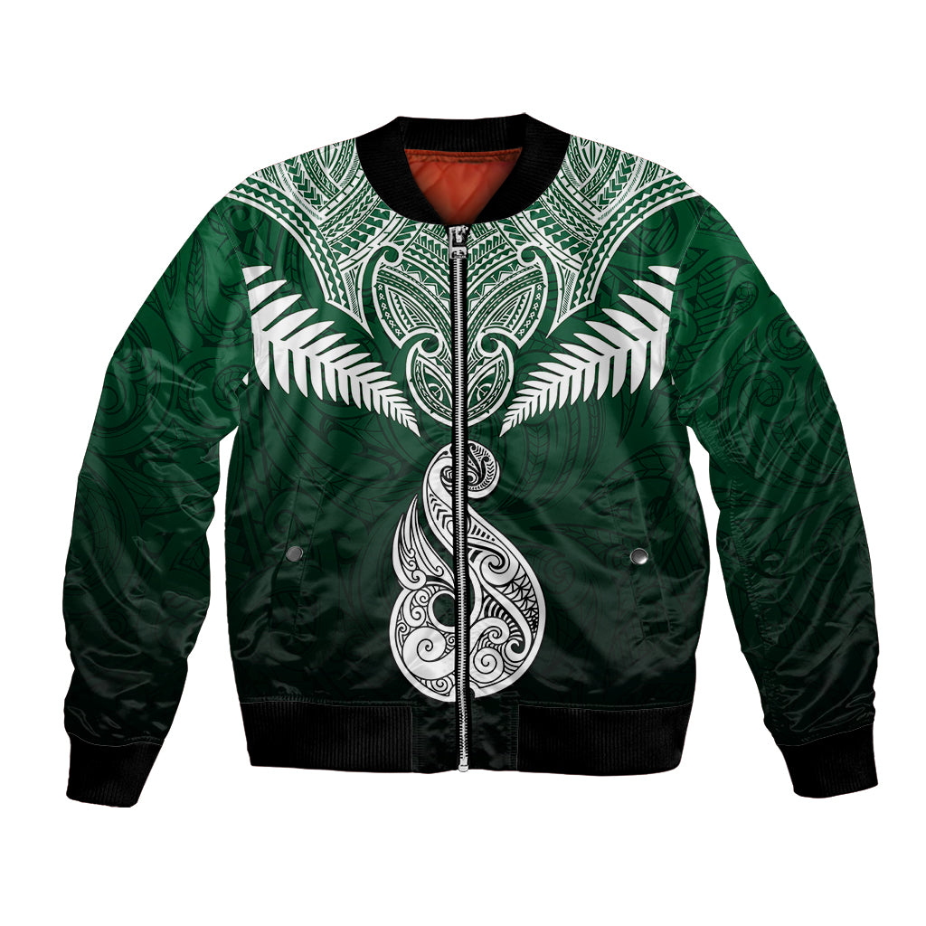 Personalised New Zealand Bomber Jacket Hei Matau Mix Silver Fern Basic LT7 Unisex Green - Polynesian Pride