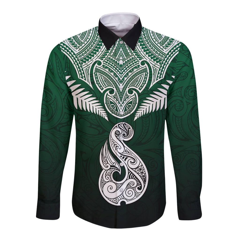 Personalised New Zealand Long Sleeve Button Shirt Hei Matau Mix Silver Fern Basic LT7 Unisex Green - Polynesian Pride