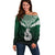 Personalised New Zealand Off Shoulder Sweater Hei Matau Mix Silver Fern Basic LT7 Women Green - Polynesian Pride