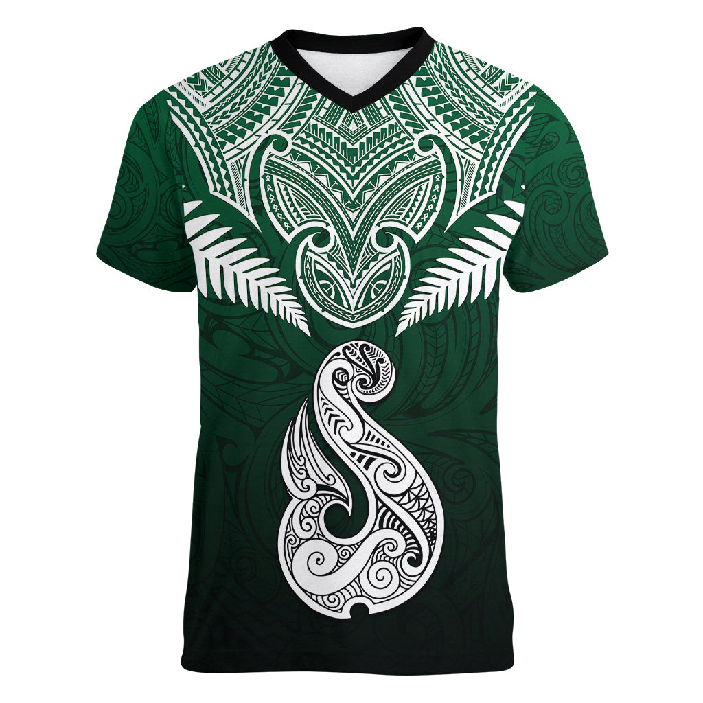 Personalised New Zealand Women V Neck T Shirt Hei Matau Mix Silver Fern Basic LT7 Female Green - Polynesian Pride