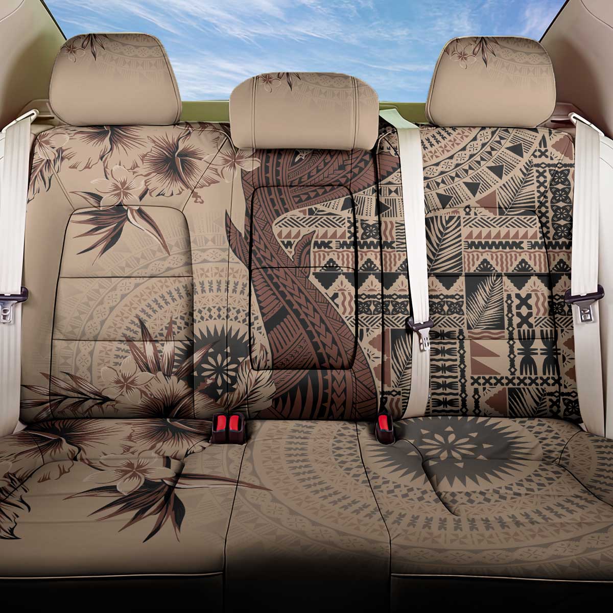 Bula Fiji Back Car Seat Cover Shark Tail Beige Masi Tapa LT7 One Size Beige - Polynesian Pride