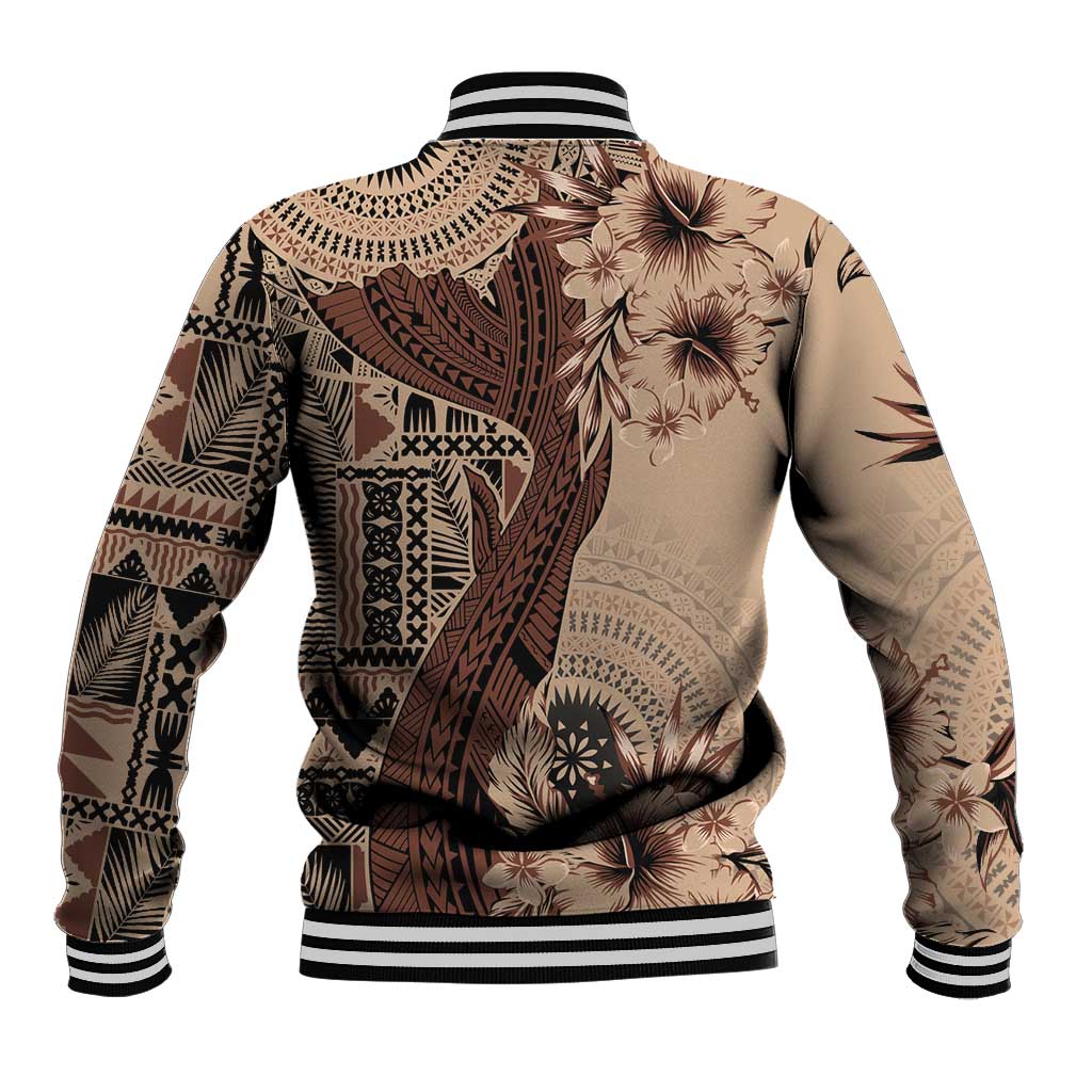 Bula Fiji Baseball Jacket Shark Tail Beige Masi Tapa LT7 - Polynesian Pride