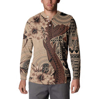 Bula Fiji Button Sweatshirt Shark Tail Beige Masi Tapa LT7 - Polynesian Pride
