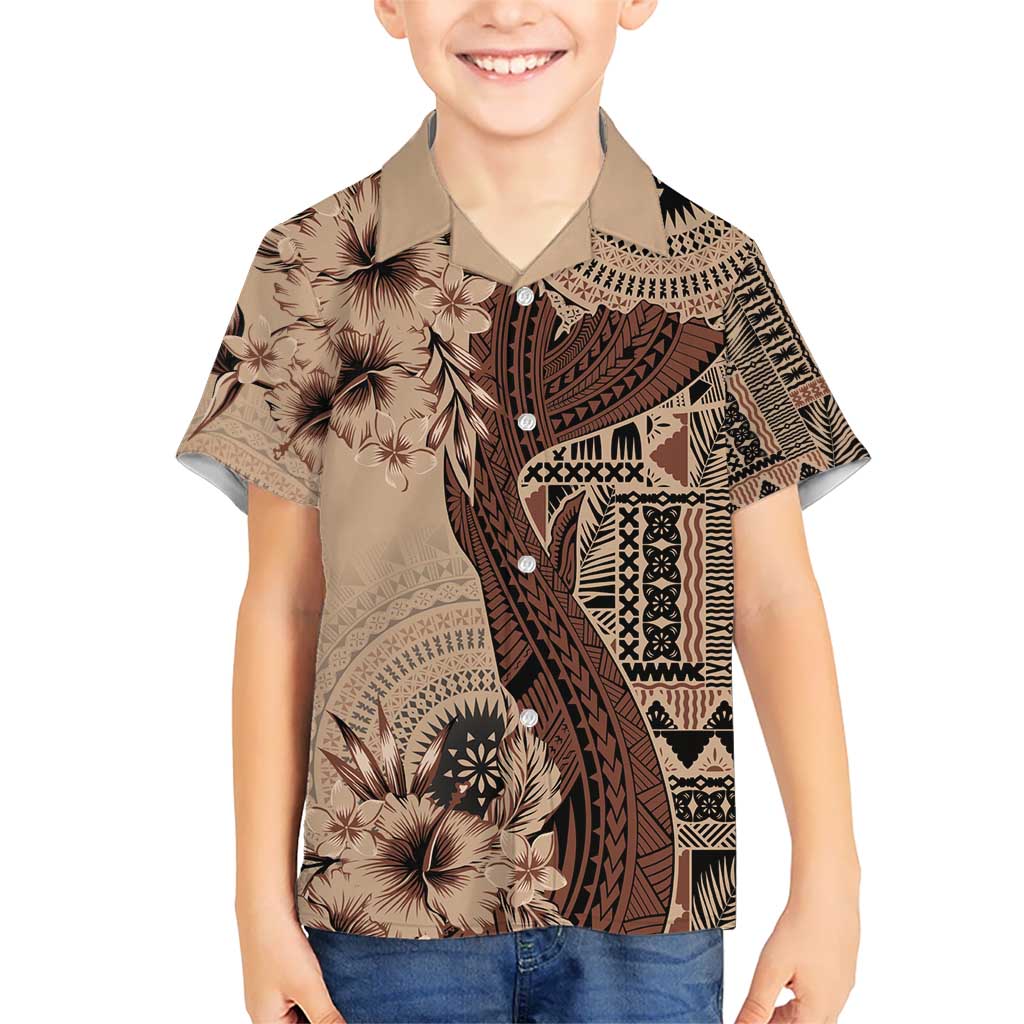 Bula Fiji Kid Hawaiian Shirt Shark Tail Beige Masi Tapa LT7 Kid Beige - Polynesian Pride