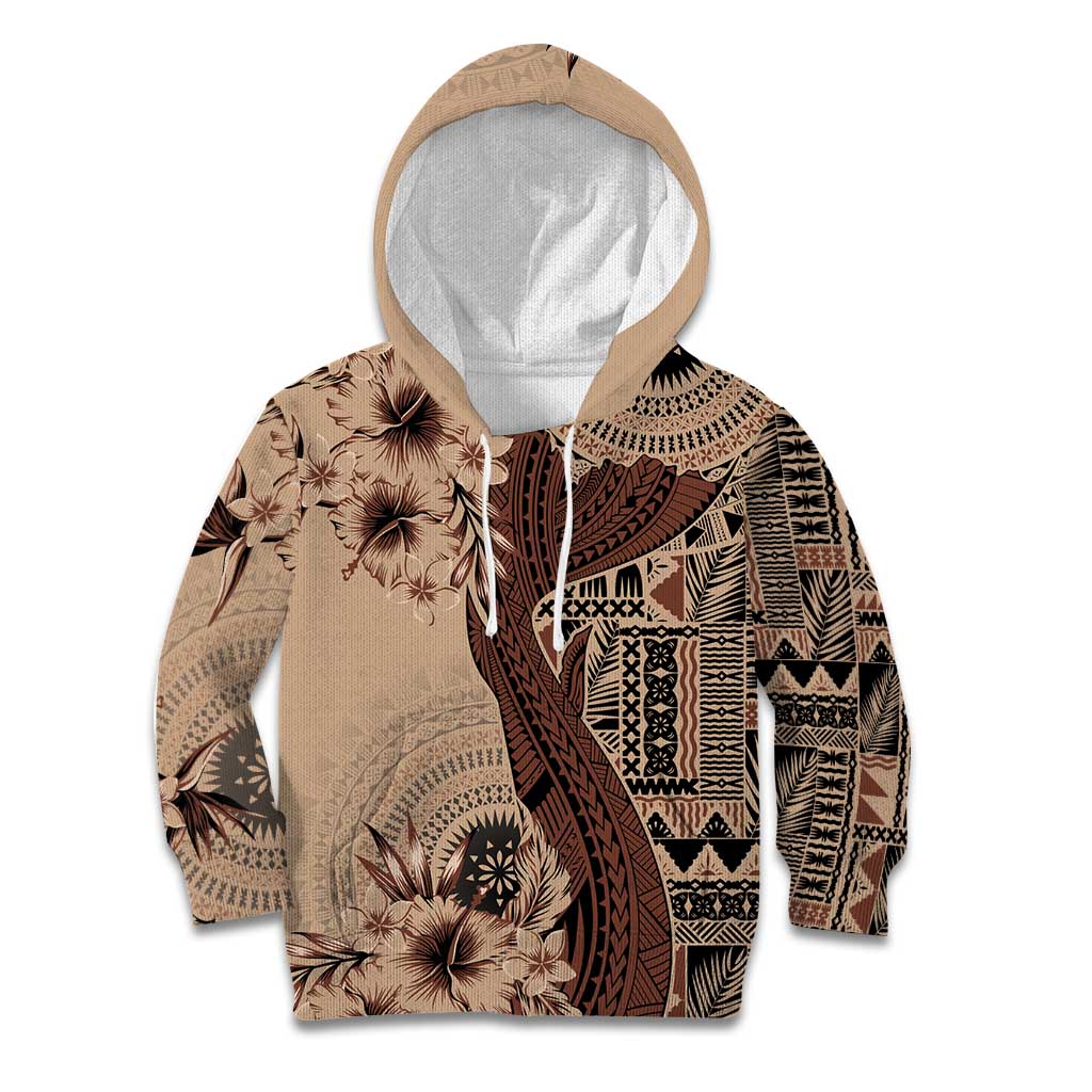 Bula Fiji Kid Hoodie Shark Tail Beige Masi Tapa LT7 Hoodie Beige - Polynesian Pride
