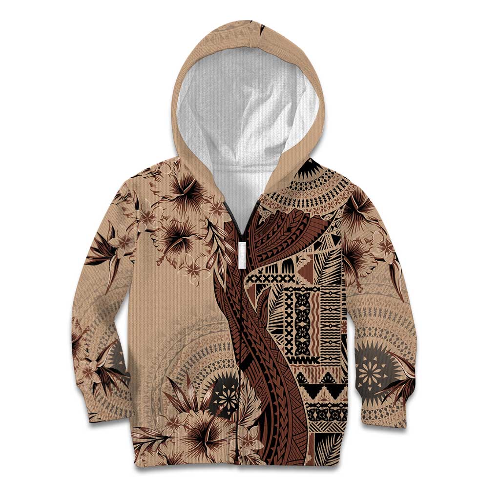 Bula Fiji Kid Hoodie Shark Tail Beige Masi Tapa LT7 Zip Hoodie Beige - Polynesian Pride