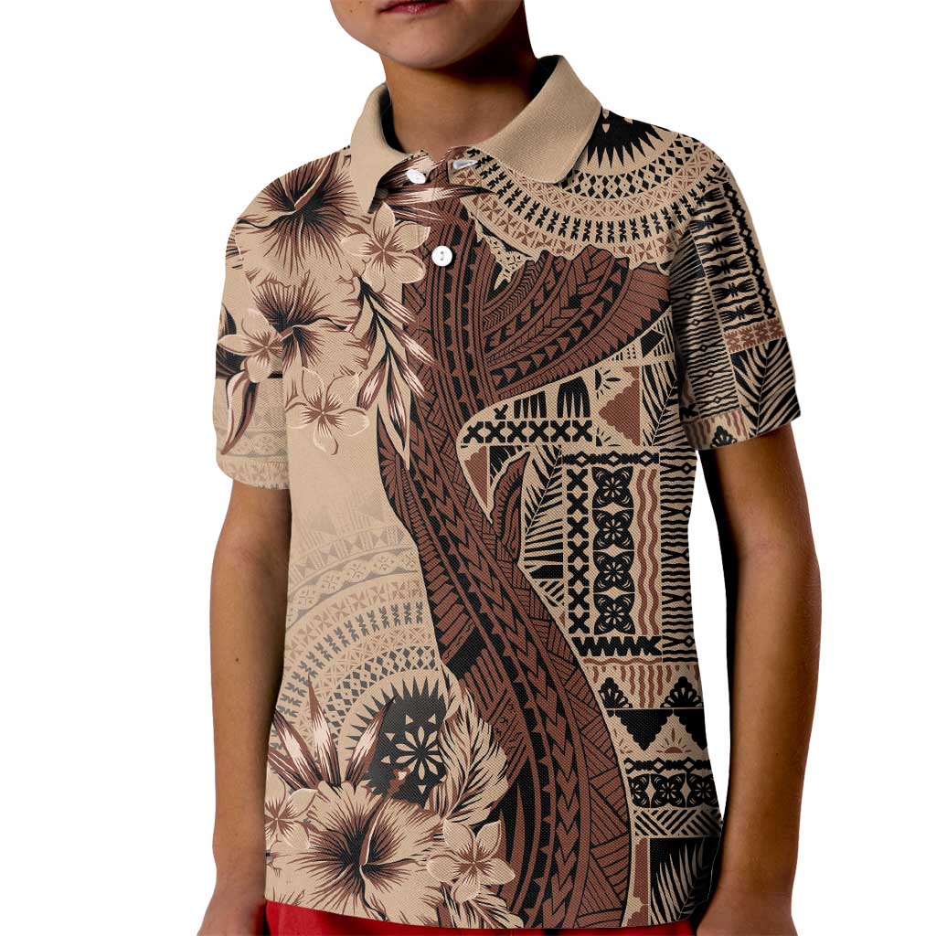 Bula Fiji Kid Polo Shirt Shark Tail Beige Masi Tapa LT7 Kid Beige - Polynesian Pride