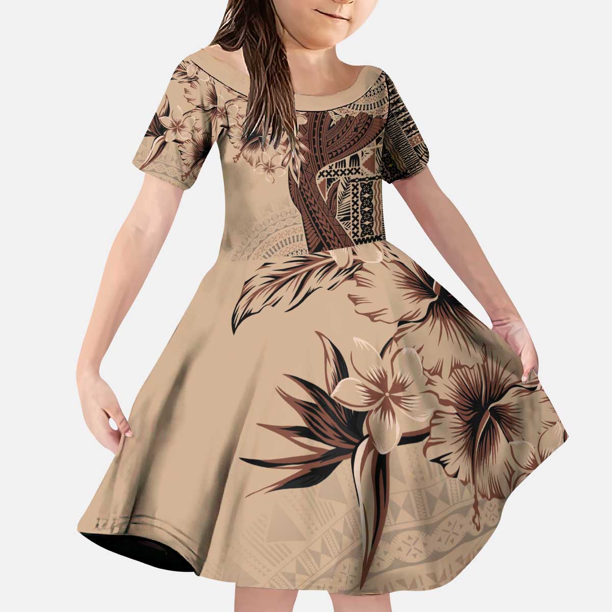 Bula Fiji Kid Short Sleeve Dress Shark Tail Beige Masi Tapa LT7 KID Beige - Polynesian Pride