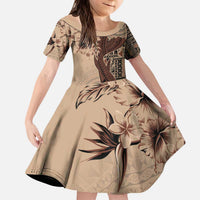 Bula Fiji Kid Short Sleeve Dress Shark Tail Beige Masi Tapa LT7 KID Beige - Polynesian Pride