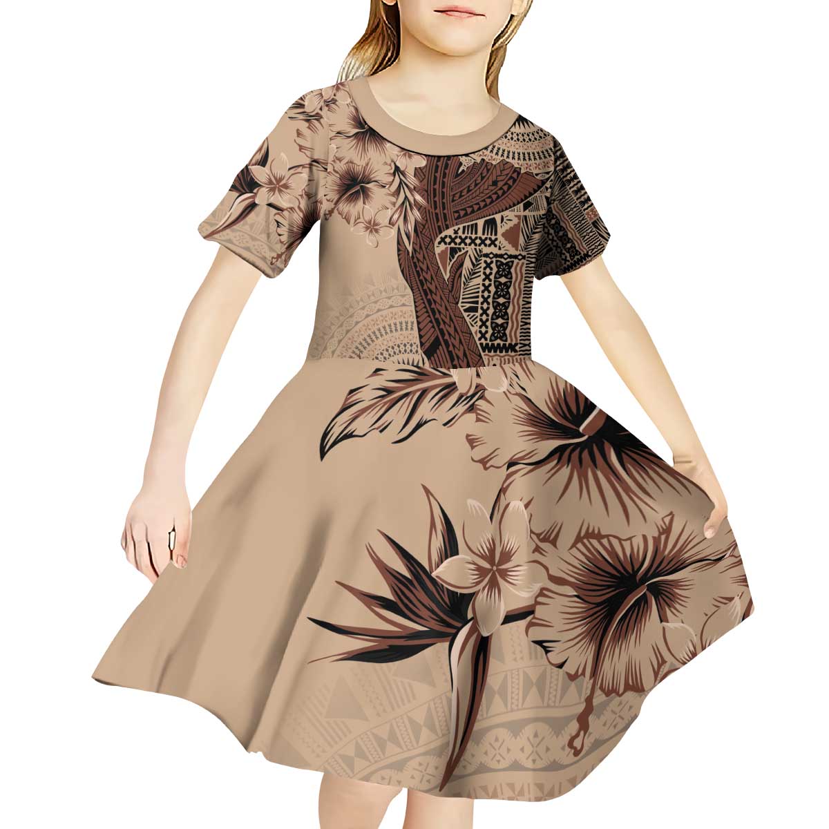 Bula Fiji Kid Short Sleeve Dress Shark Tail Beige Masi Tapa LT7 - Polynesian Pride