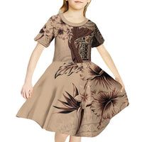 Bula Fiji Kid Short Sleeve Dress Shark Tail Beige Masi Tapa LT7 - Polynesian Pride