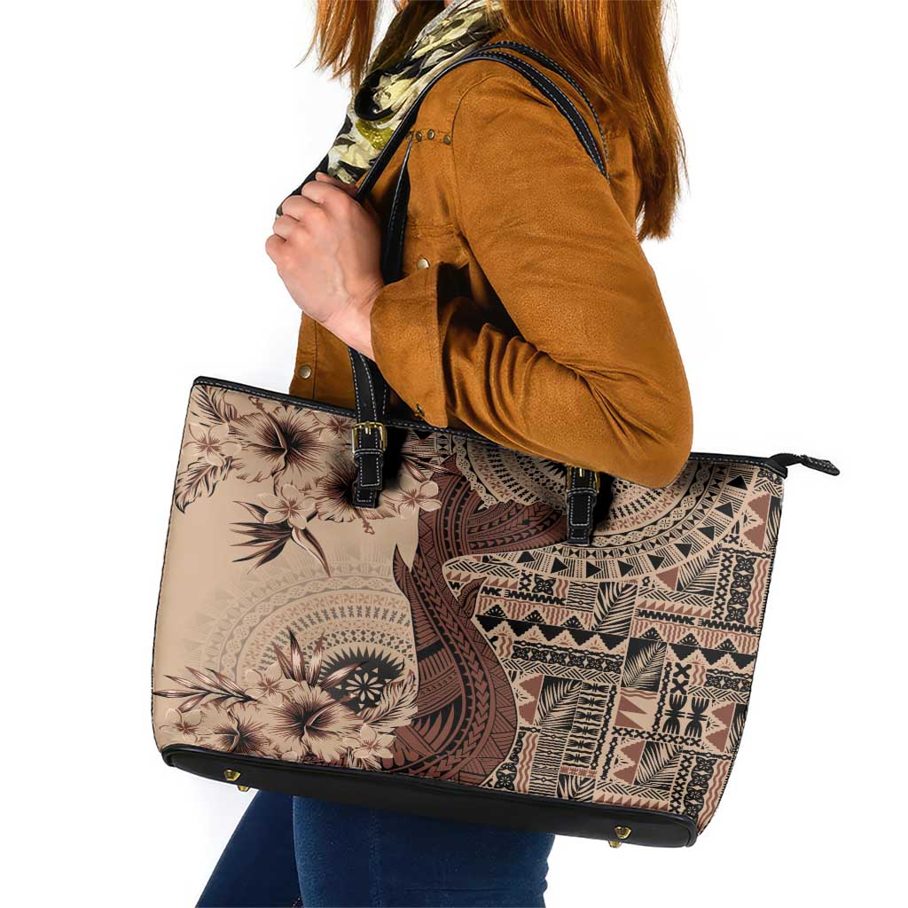 Bula Fiji Leather Tote Bag Shark Tail Beige Masi Tapa LT7 Beige - Polynesian Pride