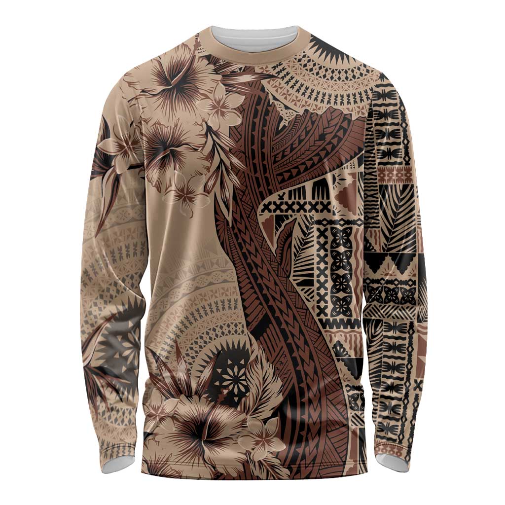 Bula Fiji Long Sleeve Shirt Shark Tail Beige Masi Tapa LT7 Unisex Beige - Polynesian Pride