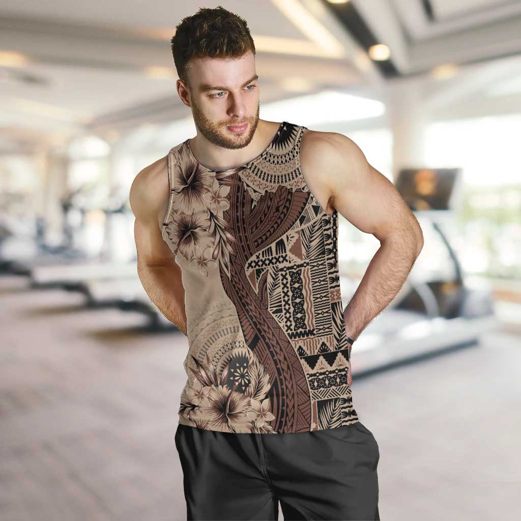 Bula Fiji Men Tank Top Shark Tail Beige Masi Tapa LT7 Beige - Polynesian Pride