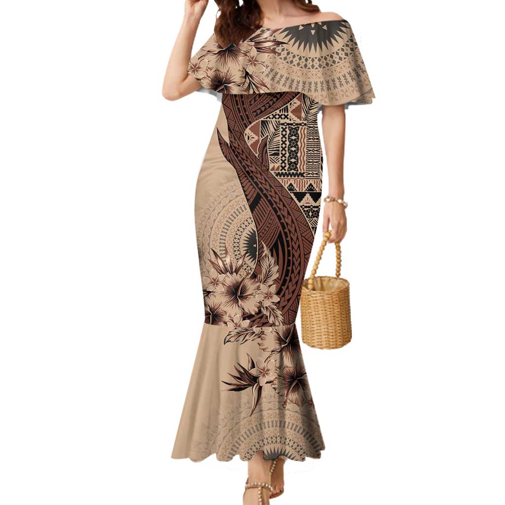 Bula Fiji Mermaid Dress Shark Tail Beige Masi Tapa LT7 Women Beige - Polynesian Pride