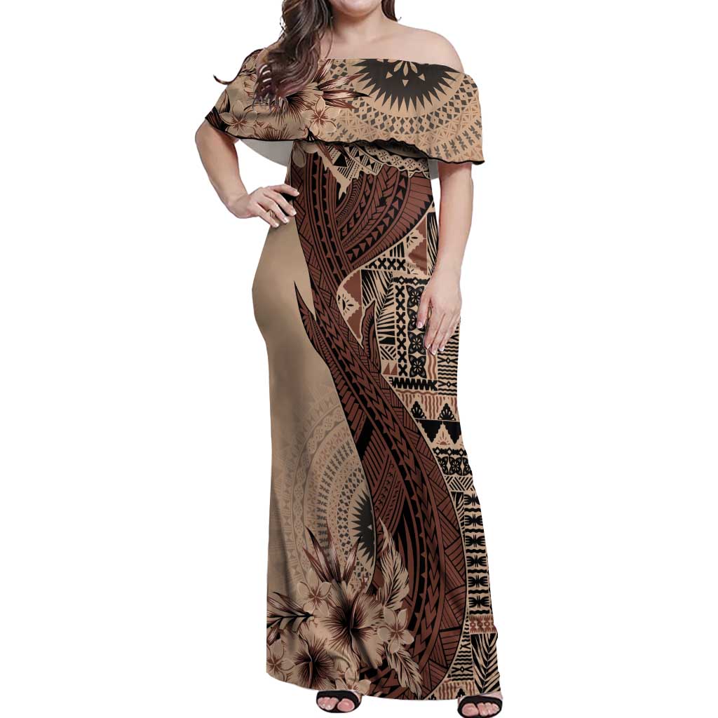 Bula Fiji Off Shoulder Maxi Dress Shark Tail Beige Masi Tapa LT7 Women Beige - Polynesian Pride