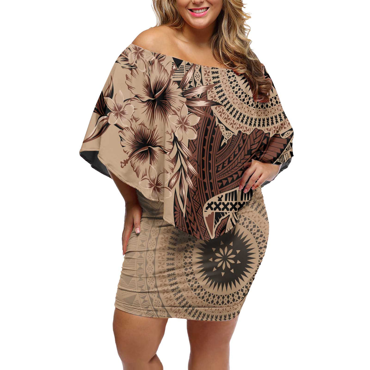 Bula Fiji Off Shoulder Short Dress Shark Tail Beige Masi Tapa LT7 Women Beige - Polynesian Pride