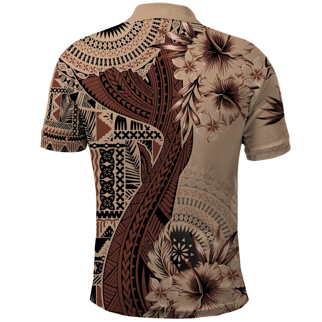 Bula Fiji Polo Shirt Shark Tail Beige Masi Tapa LT7 - Polynesian Pride