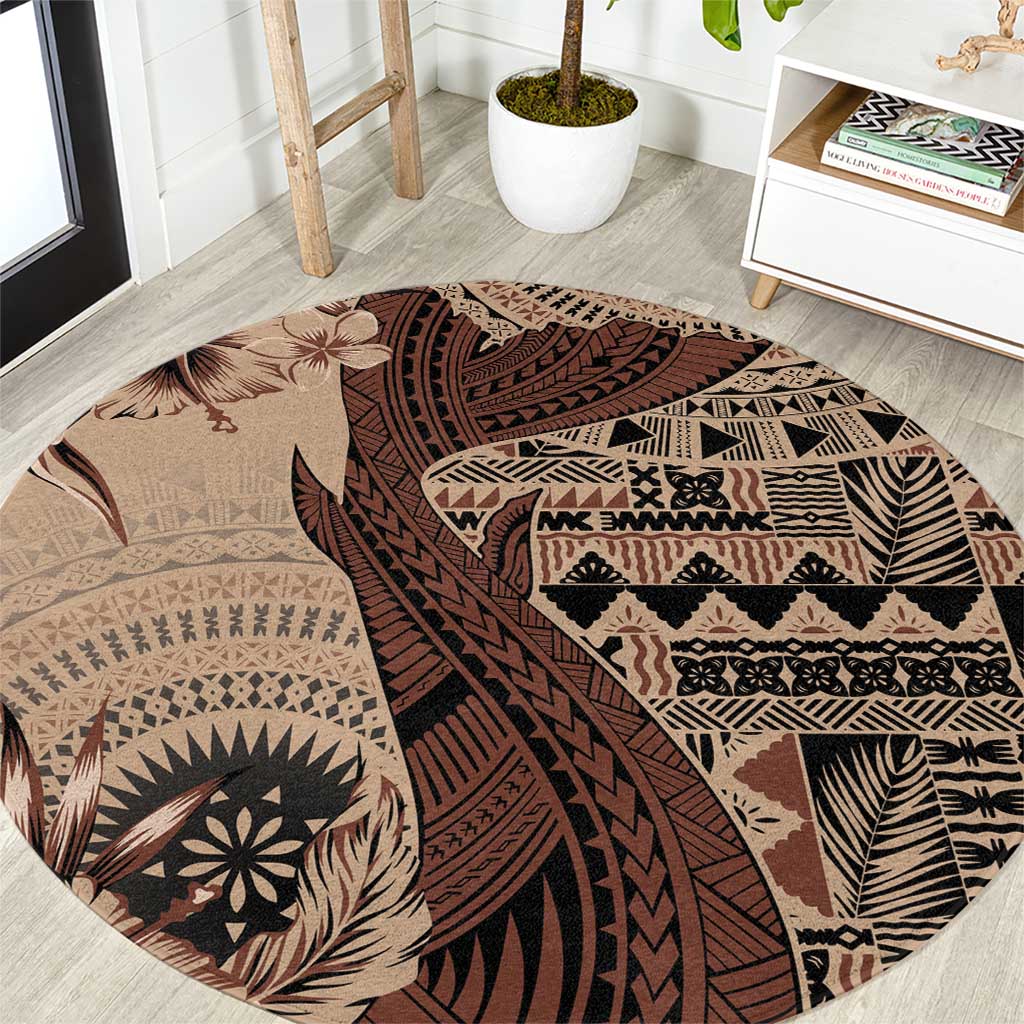 Bula Fiji Round Carpet Shark Tail Beige Masi Tapa