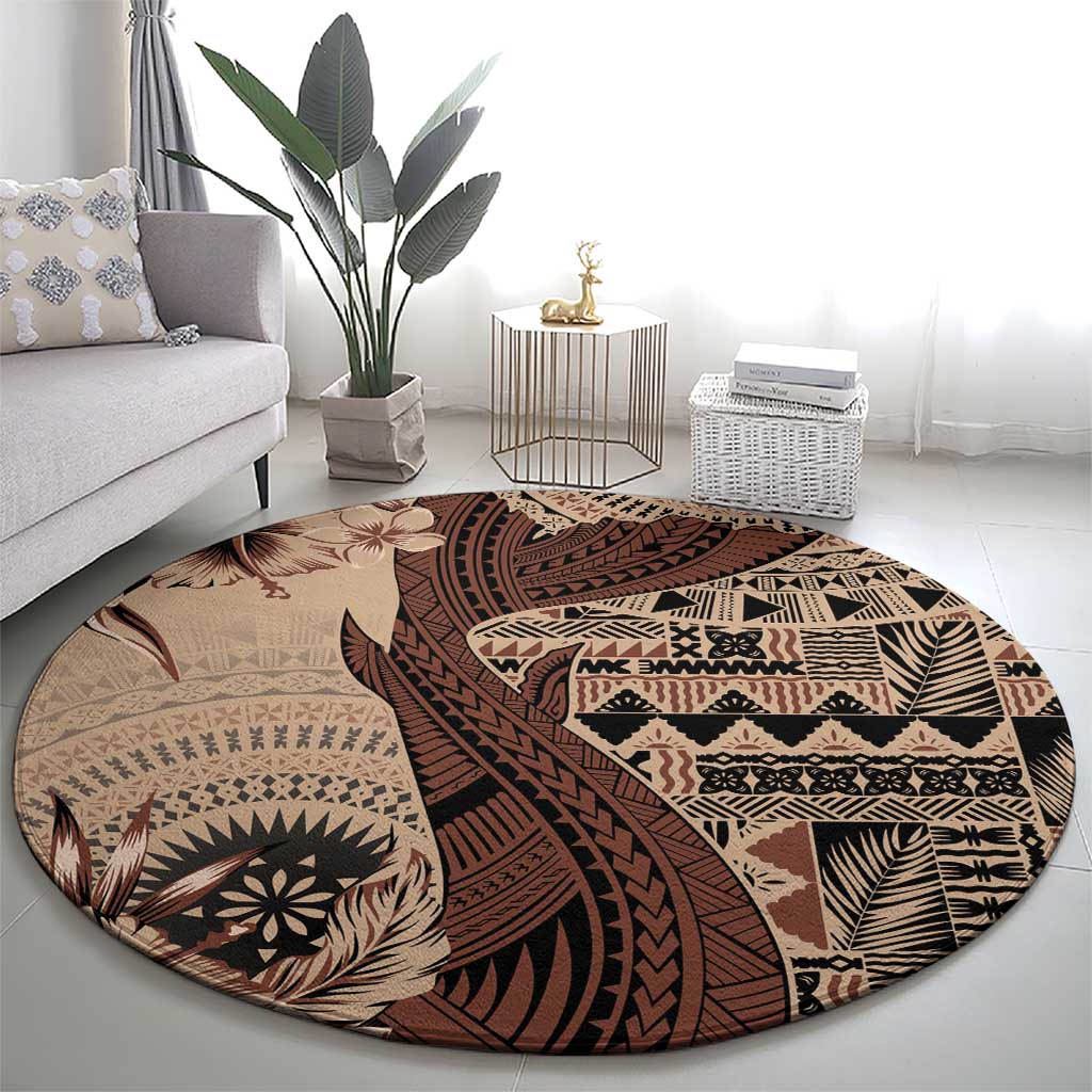 Bula Fiji Round Carpet Shark Tail Beige Masi Tapa LT7 - Polynesian Pride