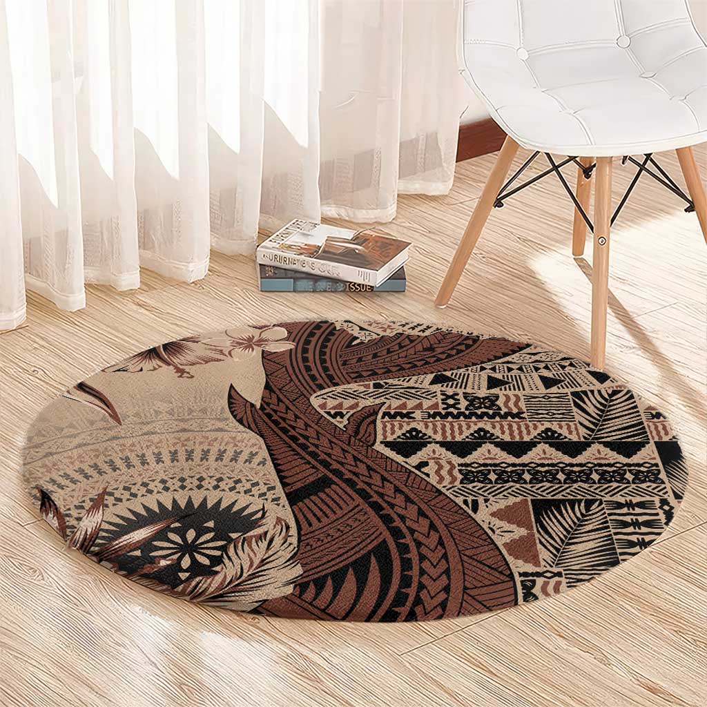 Bula Fiji Round Carpet Shark Tail Beige Masi Tapa LT7 - Polynesian Pride