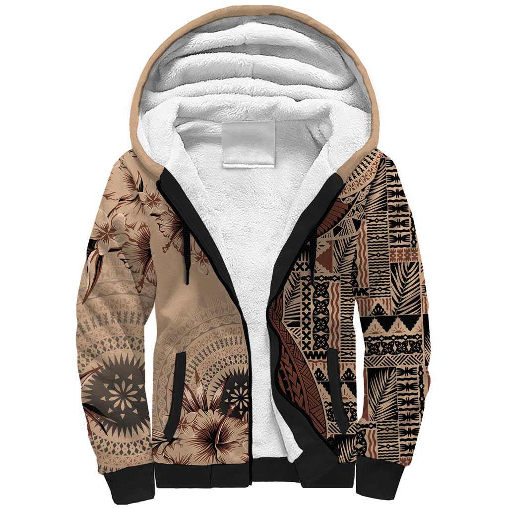 Bula Fiji Sherpa Hoodie Shark Tail Beige Masi Tapa LT7 Unisex Beige - Polynesian Pride
