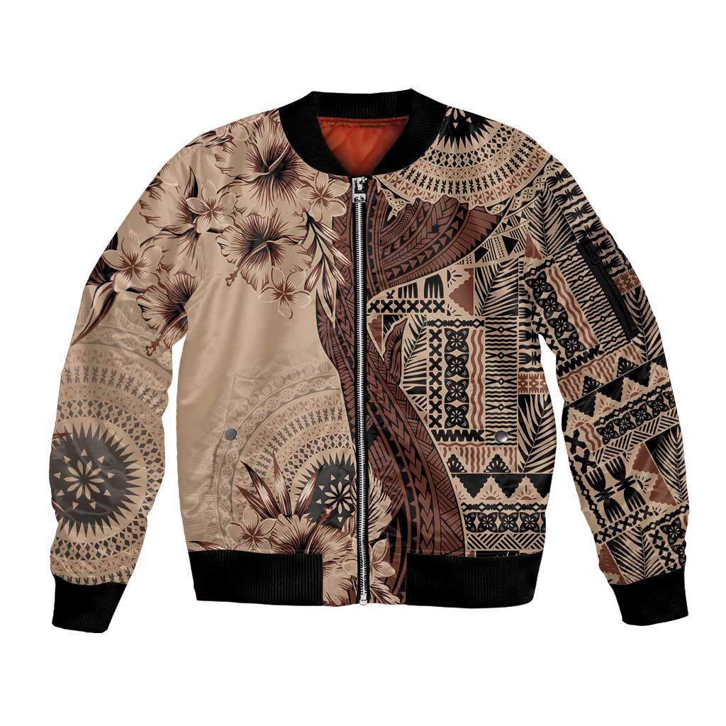 Bula Fiji Sleeve Zip Bomber Jacket Shark Tail Beige Masi Tapa LT7 Unisex Beige - Polynesian Pride