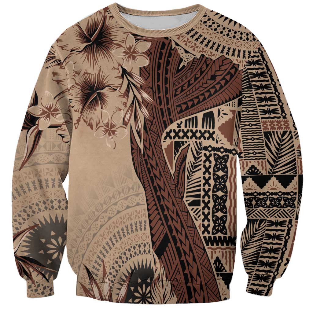 Bula Fiji Sweatshirt Shark Tail Beige Masi Tapa LT7 Unisex Beige - Polynesian Pride
