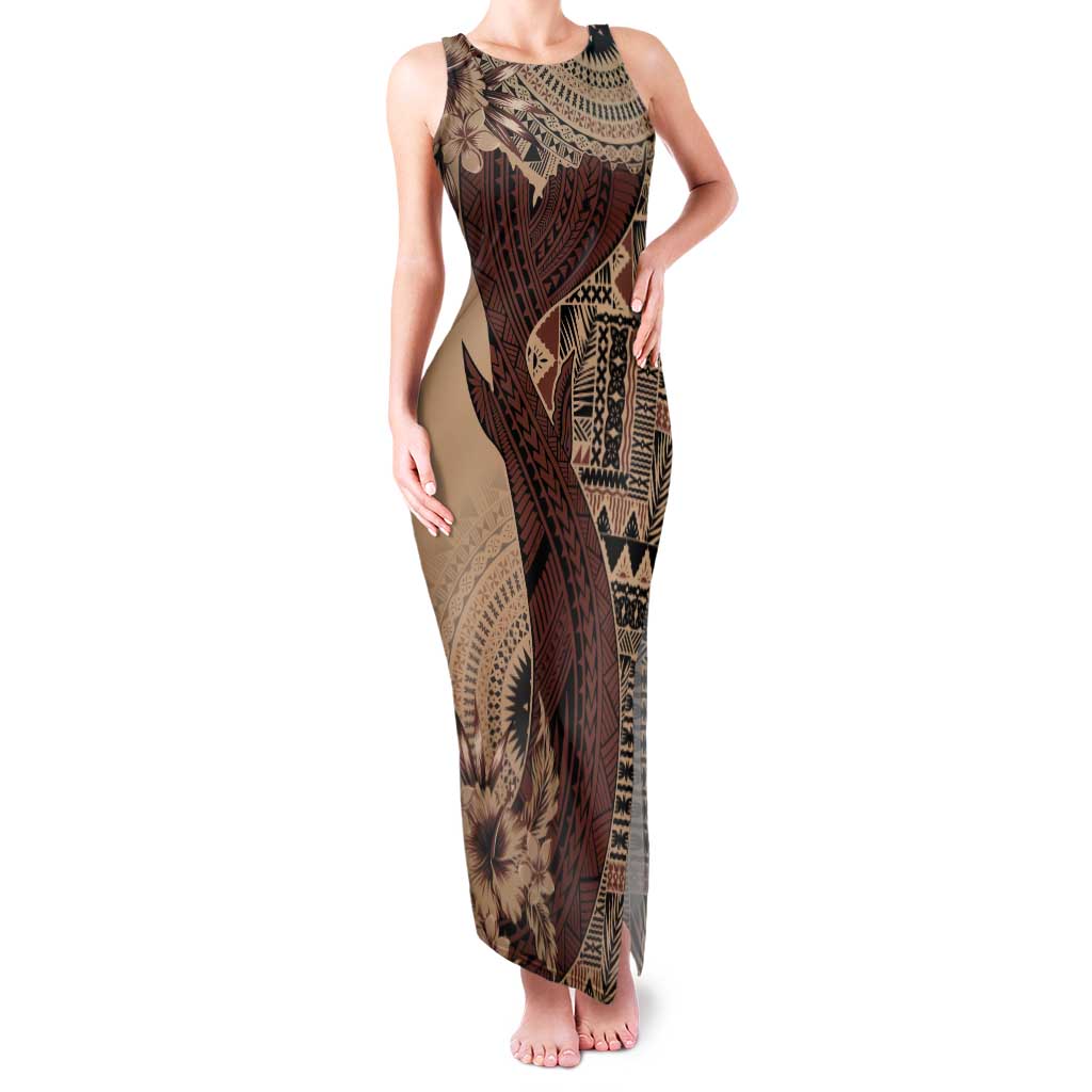 Bula Fiji Tank Maxi Dress Shark Tail Beige Masi Tapa LT7 Women Beige - Polynesian Pride