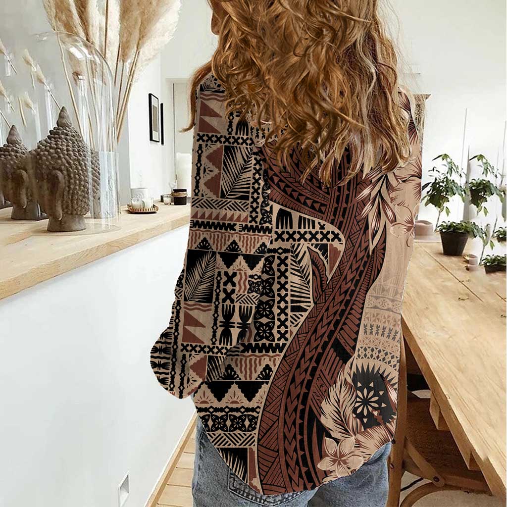 Bula Fiji Women Casual Shirt Shark Tail Beige Masi Tapa LT7 - Polynesian Pride