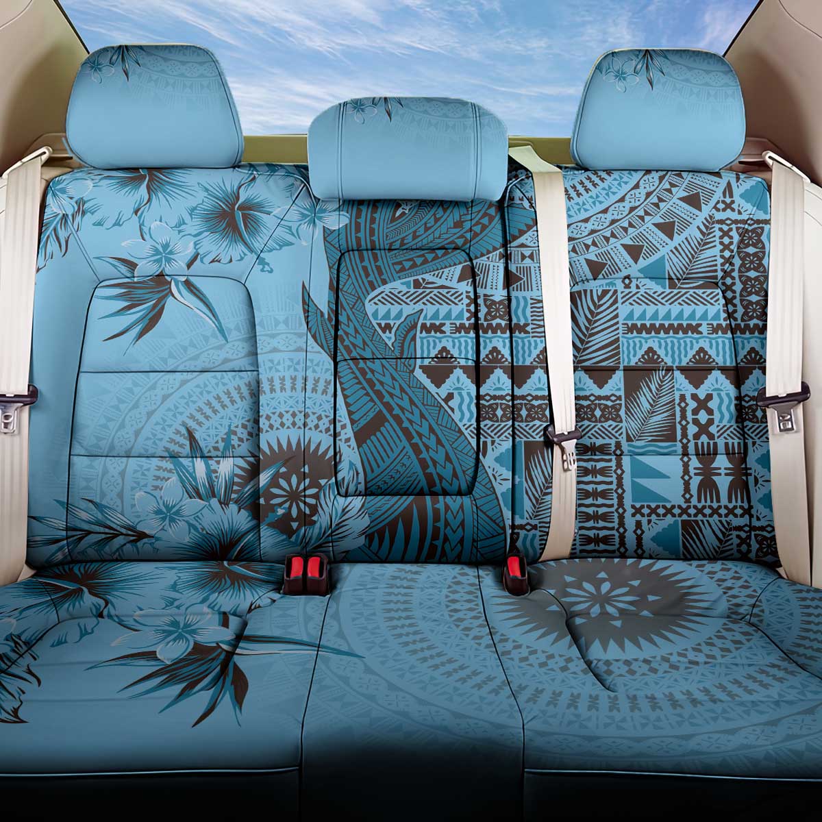 Bula Fiji Back Car Seat Cover Shark Tail Turquoise Masi Tapa LT7 One Size Turquoise - Polynesian Pride