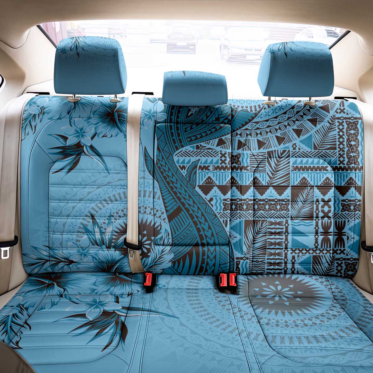 Bula Fiji Back Car Seat Cover Shark Tail Turquoise Masi Tapa LT7 - Polynesian Pride