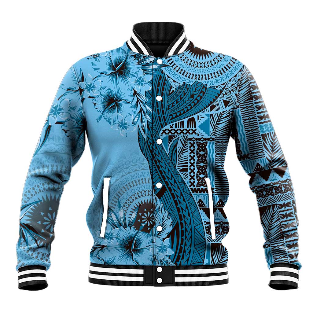 Bula Fiji Baseball Jacket Shark Tail Turquoise Masi Tapa LT7 Unisex Turquoise - Polynesian Pride