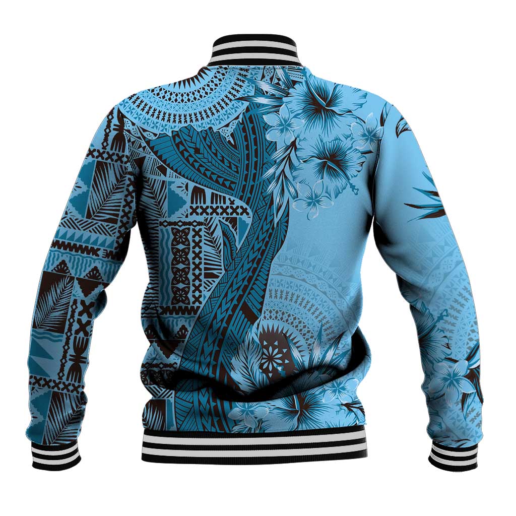 Bula Fiji Baseball Jacket Shark Tail Turquoise Masi Tapa LT7 - Polynesian Pride