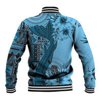 Bula Fiji Baseball Jacket Shark Tail Turquoise Masi Tapa LT7 - Polynesian Pride