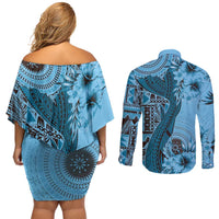 Bula Fiji Couples Matching Off Shoulder Short Dress and Long Sleeve Button Shirt Shark Tail Turquoise Masi Tapa LT7 - Polynesian Pride