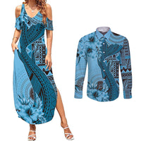 Bula Fiji Couples Matching Summer Maxi Dress and Long Sleeve Button Shirt Shark Tail Turquoise Masi Tapa LT7 Turquoise - Polynesian Pride
