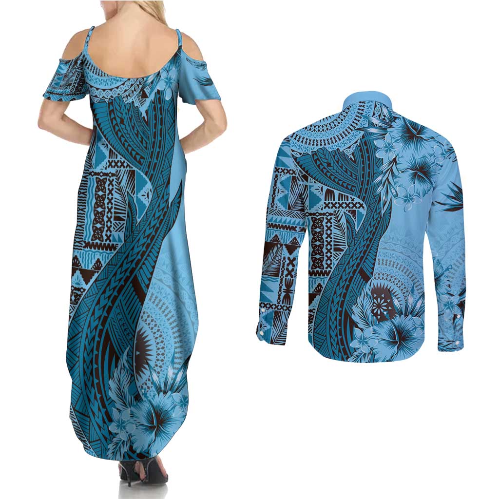 Bula Fiji Couples Matching Summer Maxi Dress and Long Sleeve Button Shirt Shark Tail Turquoise Masi Tapa LT7 - Polynesian Pride
